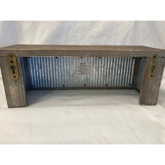 Rustic Wood & Corrugated Metal Wall Shelf Farmhouse Decor Storage - Picture 7 of 8